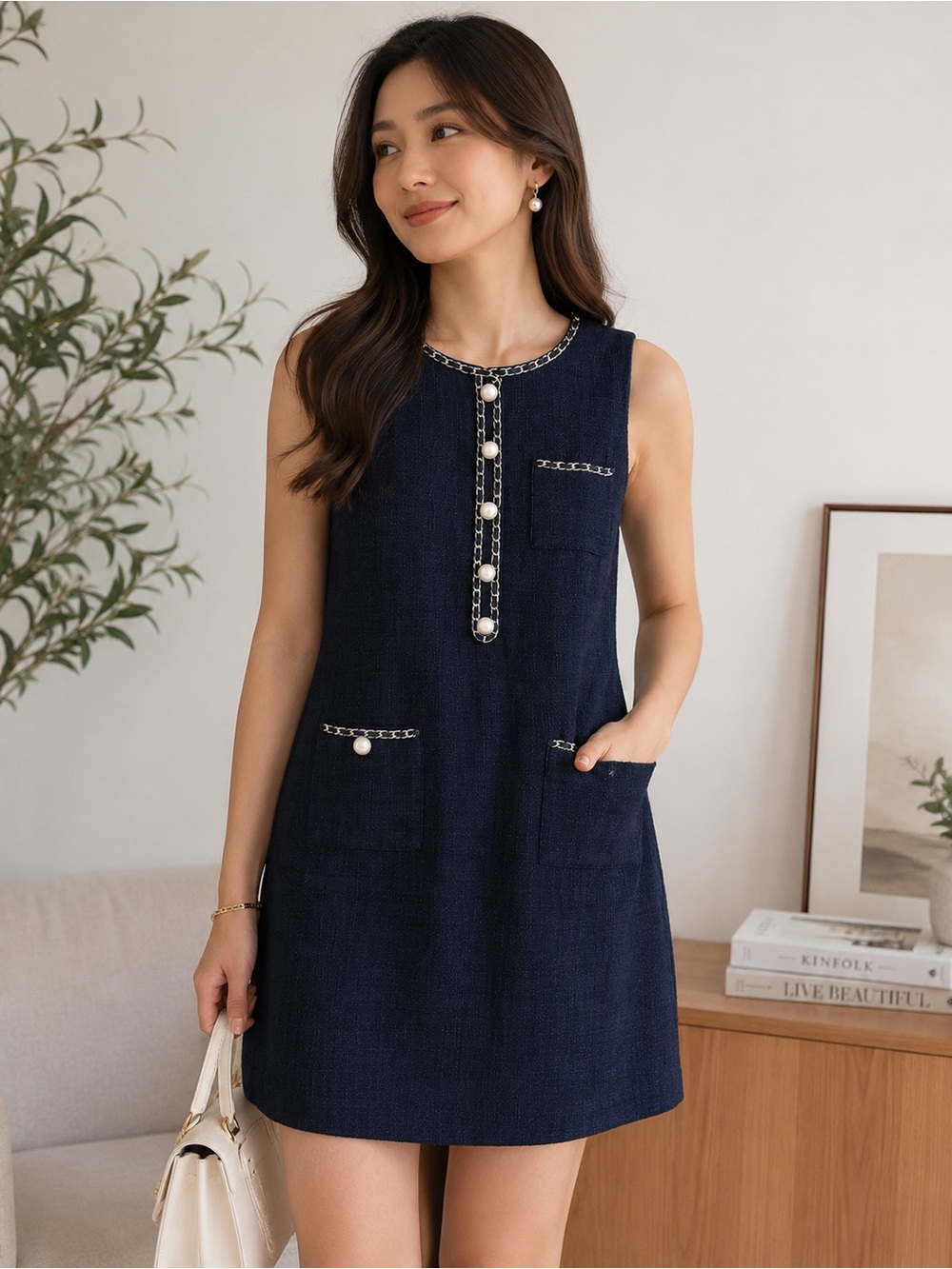 Karl Lagerfeld Navy Sleeveless Midi Dress with Chain & Pearl Trim